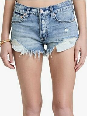 Free People "Loving Good Vibrations" Highly Distressed, Light-Wash Denim Shorts